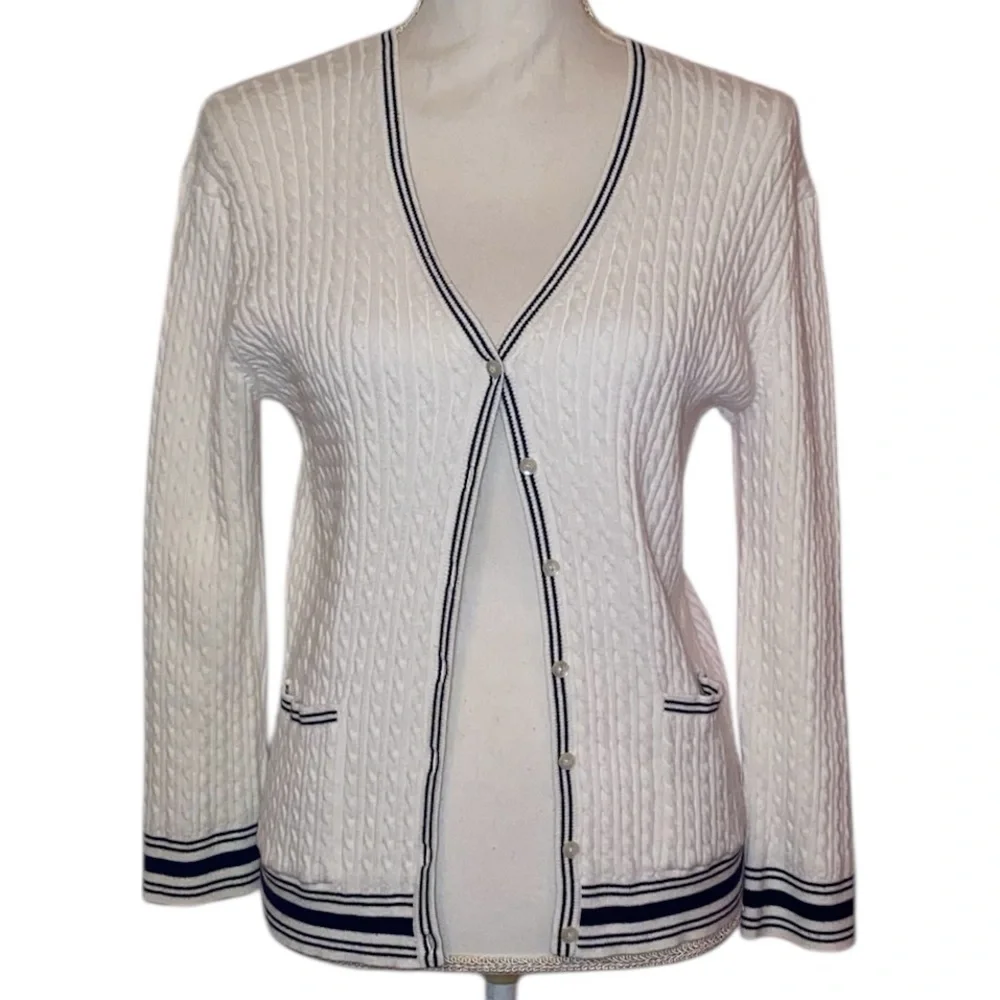 LAUREN RALPH LAUREN Cable Knit Cardigan-Vintage-Green Label-White/Black Size Med - Picture 2 of 9